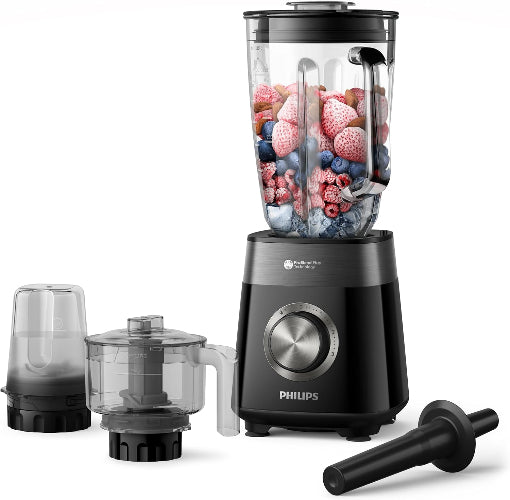 Black Philips blender with ingredients inside on a white background