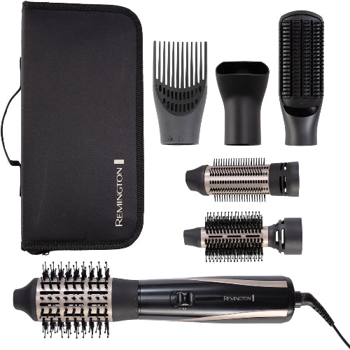 Remington hair styling tool set with various attachments on a white background