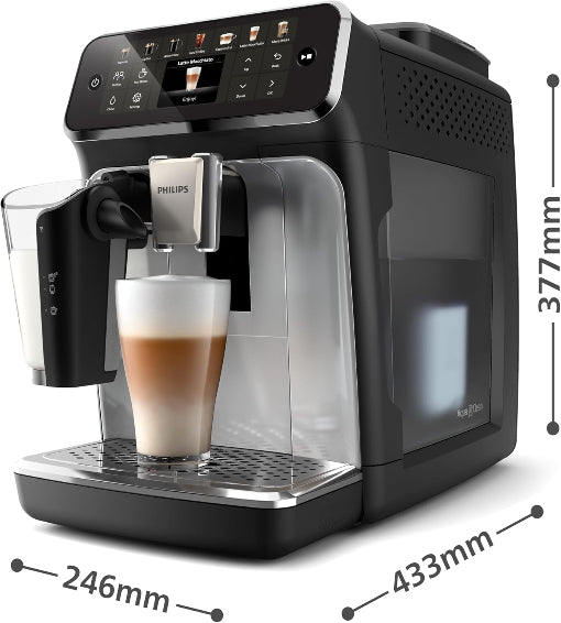 Philips coffee machine with a glass of coffee output, showing dimensions.