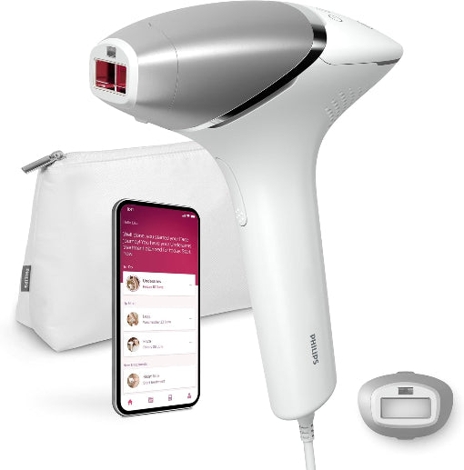 Philips Lumea IPL hair removal device with a smartphone app and a carrying case.