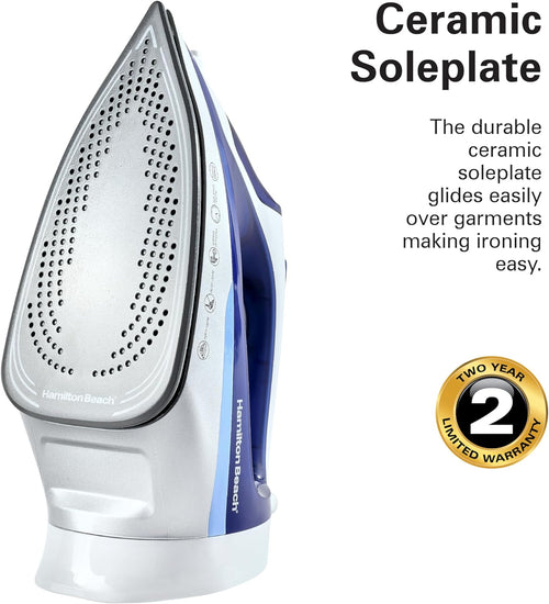 Hamilton Beach Steam Iron 2500W – Ceramic Soleplate & Auto-Shut Off (Blue)