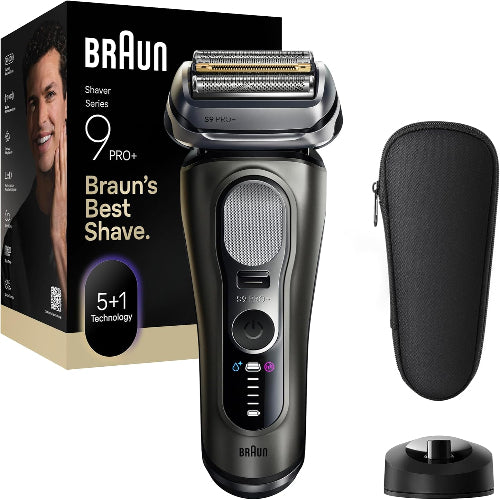 Braun shaver with packaging, case, and additional head on a white background
