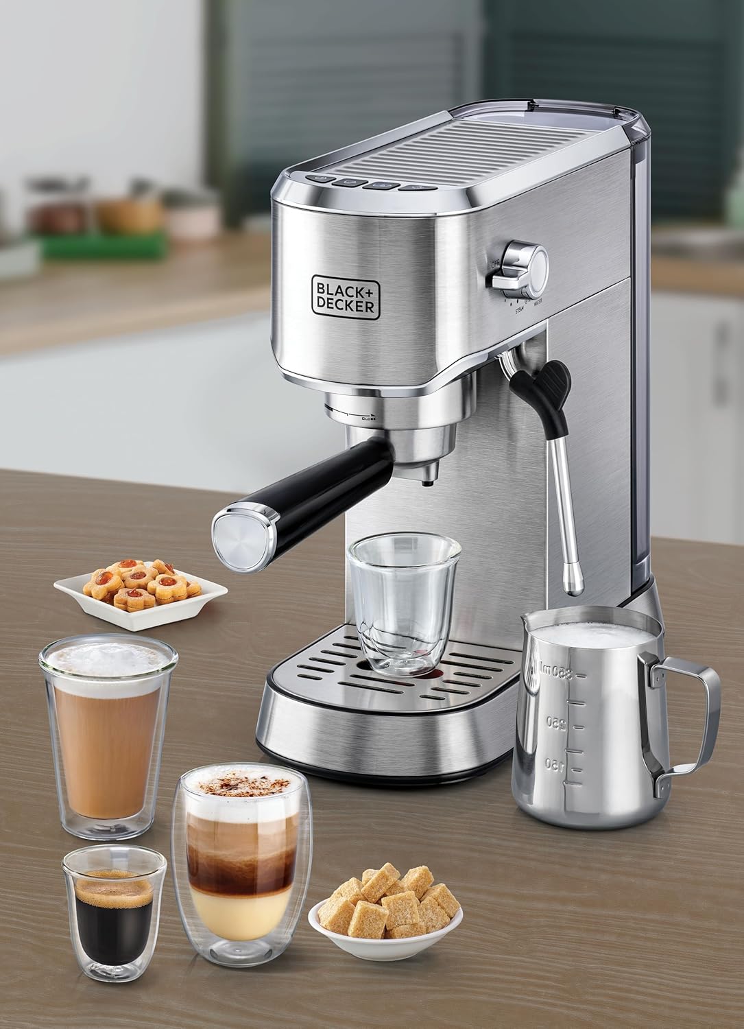 Black&Decker Espresso Machine 15 Bar 1450W Milk Frother Silver ECM150-B5