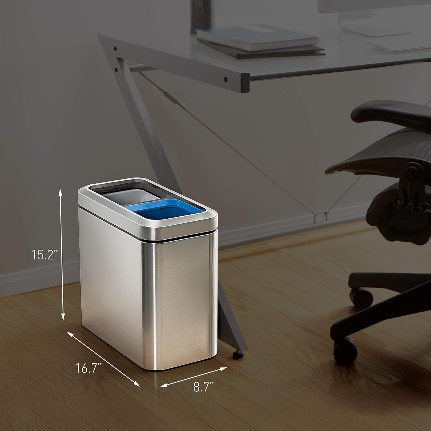 simplehuman CW1470 20L Slim Open Recycling Bin Brushed Stainless Steel