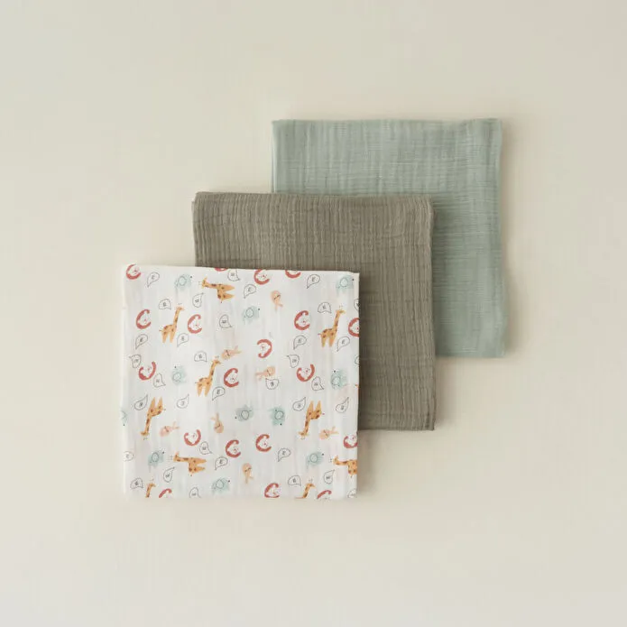 Karaca Home Jungle 100% Cotton Baby Muslin Set 65x65 cm - Green/Grey/White, 8680214393185