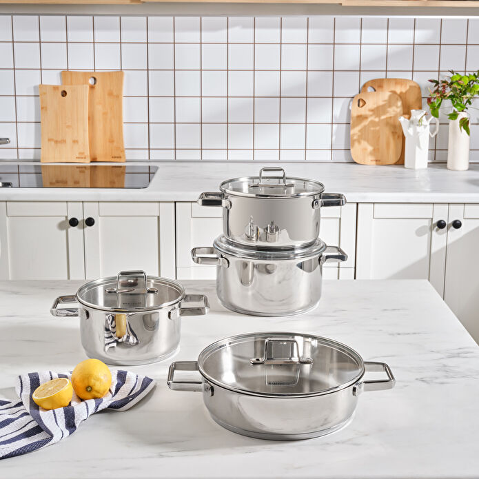 Karaca Valora 8-Piece Stainless Steel Cookware Set - Induction Base - 18/10 Steel