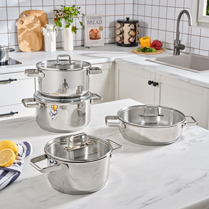 Karaca Valora 8-Piece Stainless Steel Cookware Set - Induction Base - 18/10 Steel