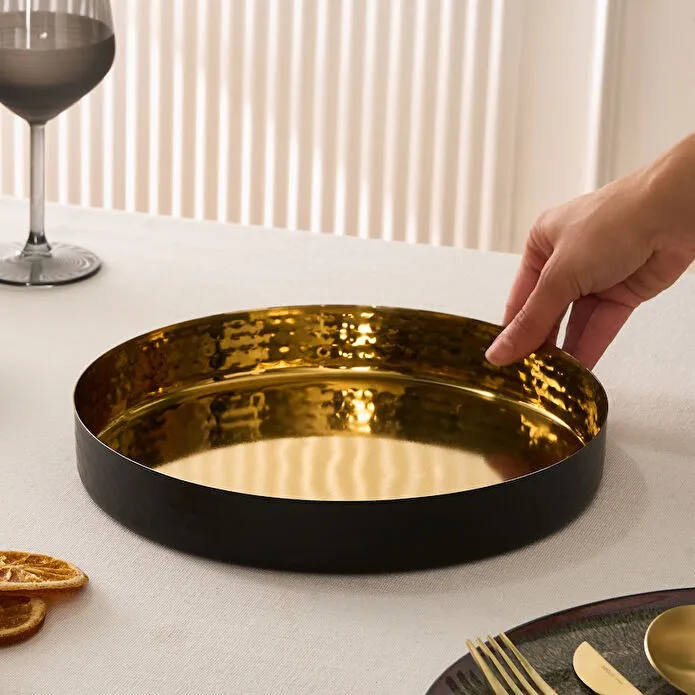 Karaca Arven Decorative Tray 26cm 18/10 Stainless Steel Matte Black and Gold