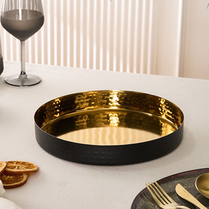 Karaca Arven Decorative Tray 26cm 18/10 Stainless Steel Matte Black and Gold