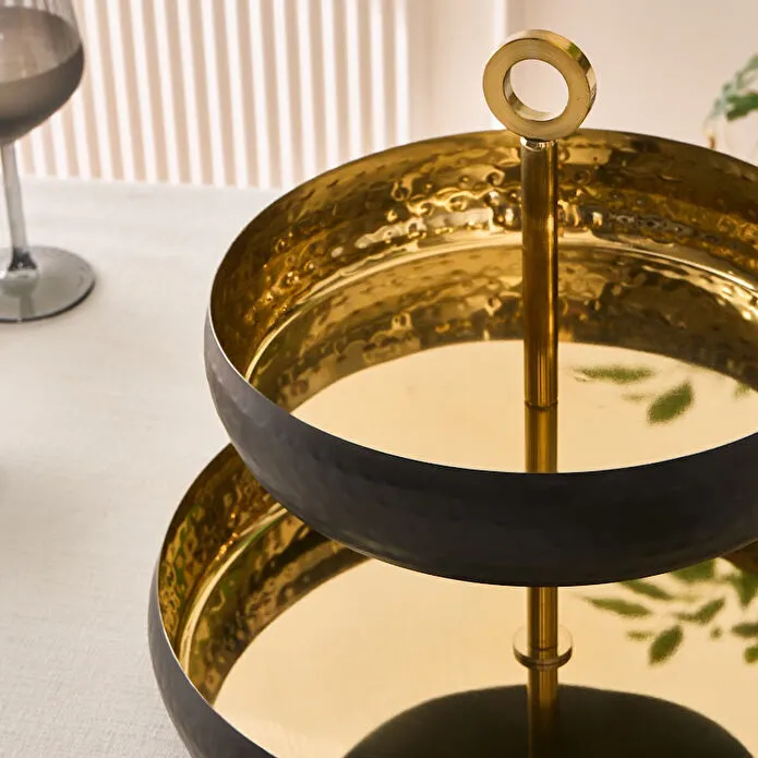 Karaca Arven 2-Tier Serving Tray Black Gold 18/10 Stainless Steel 26x32 cm
