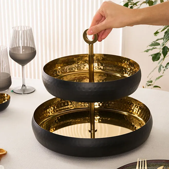 Karaca Arven 2-Tier Serving Tray Black Gold 18/10 Stainless Steel 26x32 cm