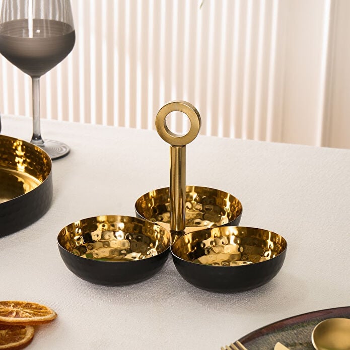 Karaca Arven 3-Compartment Snack Bowl Set Black Gold 18/10 Stainless Steel