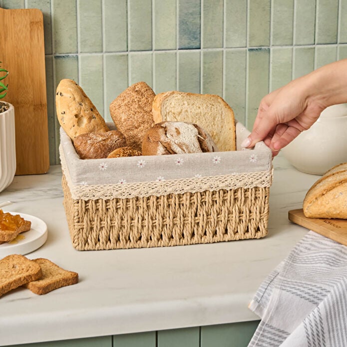 Karaca Olive Bread Basket 26cm Beige Cream Wicker Natural Woven Serving New