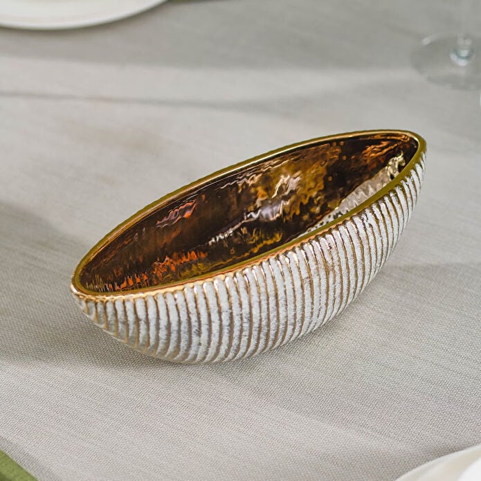 Karaca Home Novara Gondola Decorative Bowl 34.5 cm Ribbed Ceramic Gold Accent