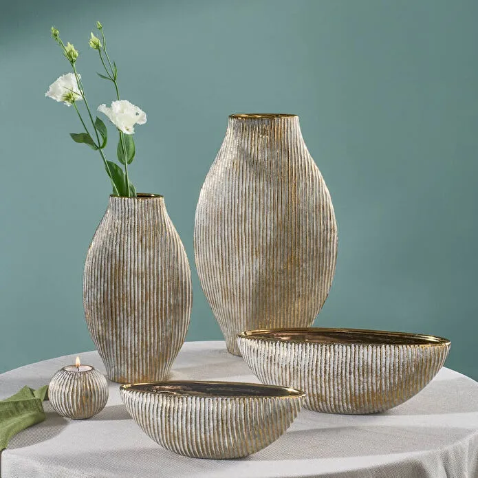 Karaca Home Novara Gondola Decorative Bowl 28 cm Ribbed Ceramic Gold Accent