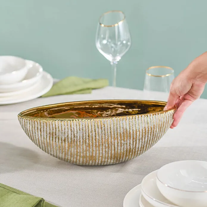 Karaca Home Novara Gondola Decorative Bowl 28 cm Ribbed Ceramic Gold Accent
