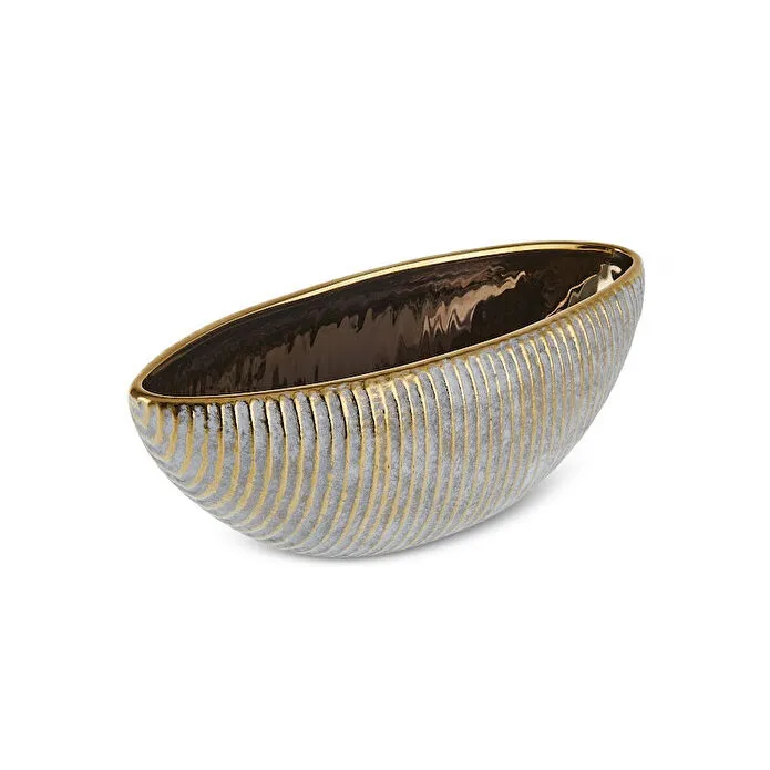 Karaca Home Novara Gondola Decorative Bowl 28 cm Ribbed Ceramic Gold Accent