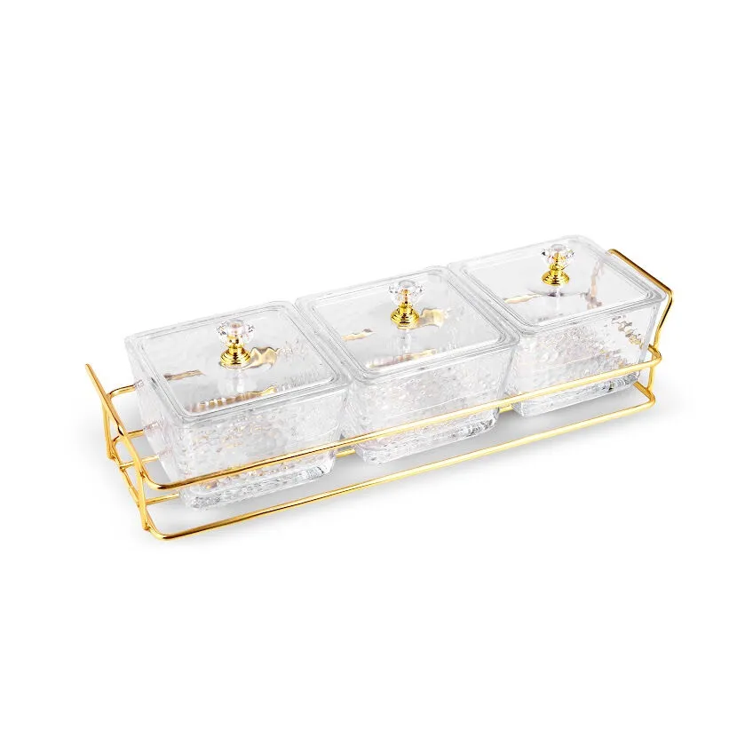 Karaca Maria 3-Piece Glass Serving Bowls Set with Gold Tray Stand and Lids