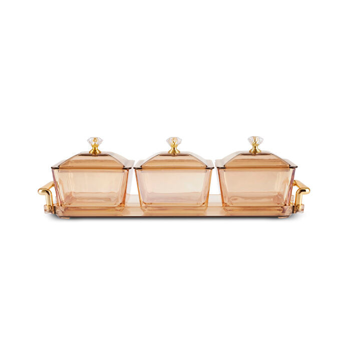 Karaca Maria 3-Piece Amber Glass Serving Bowls Set with Lids and Handle Tray