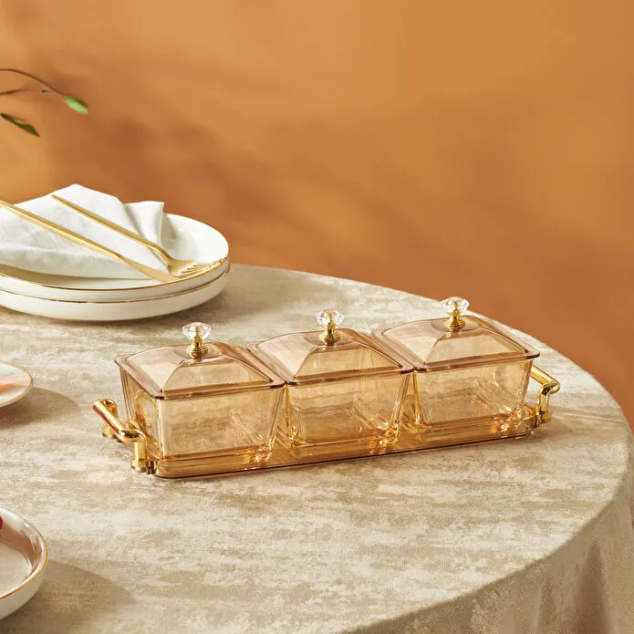 Karaca Maria 3-Piece Amber Glass Serving Bowls Set with Lids and Handle Tray