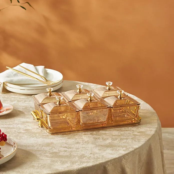 Karaca Maria 6-Piece Amber Glass Serving Bowls Set with Lids and Handle Tray