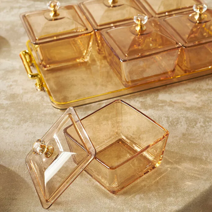 Karaca Maria 6-Piece Amber Glass Serving Bowls Set with Lids and Handle Tray