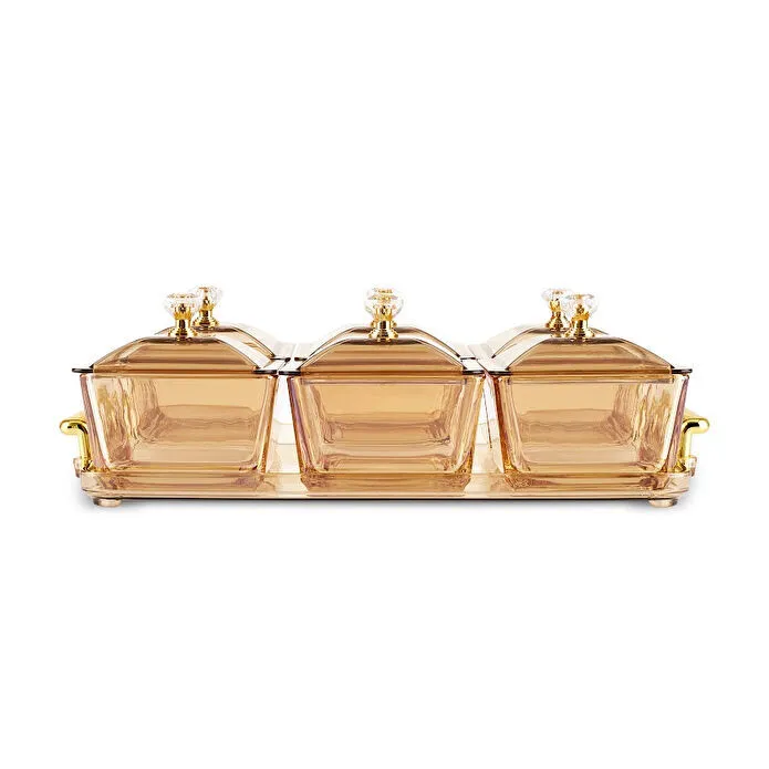 Karaca Maria 6-Piece Amber Glass Serving Bowls Set with Lids and Handle Tray