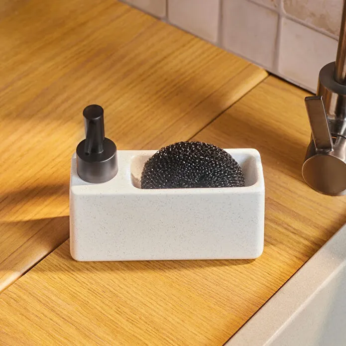 Karaca Kris 2-Piece Soap Dispenser Sponge Holder 370ml White Stone Dolomite