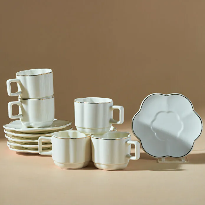 Karaca Ezgi 6-Piece Coffee Cup Set 90ml White Gold Rim Fine Bone Porcelain New