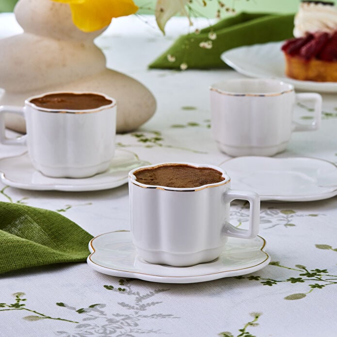 Karaca Ezgi 6-Piece Coffee Cup Set 90ml White Gold Rim Fine Bone Porcelain New