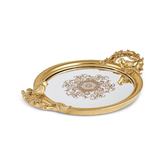 Karaca Vilma Gold Mirror Tray Round Bird Sculpture Handles Decorative Detail