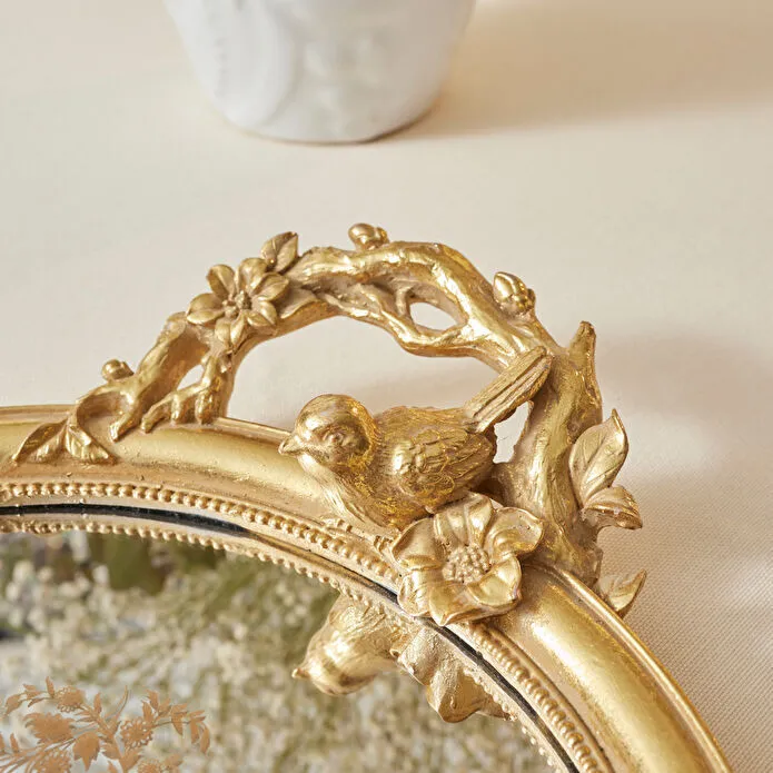 Karaca Vilma Gold Mirror Tray Round Bird Sculpture Handles Decorative Detail