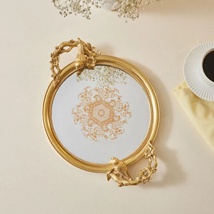 Karaca Vilma Gold Mirror Tray Round Bird Sculpture Handles Decorative Detail