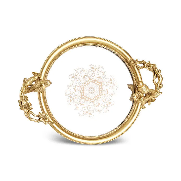 Karaca Vilma Gold Mirror Tray Round Bird Sculpture Handles Decorative Detail