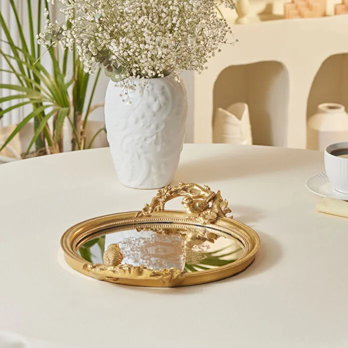 Karaca Vilma Gold Mirror Tray Round Bird Sculpture Handles Decorative Detail