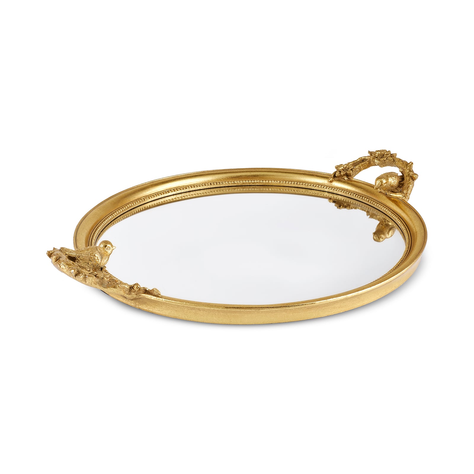 Karaca Vilma Gold Mirror Tray 50cm Large Round Bird Sculpture Handles