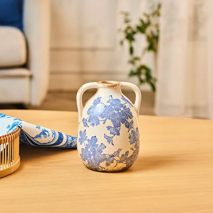 Karaca Marine Two-Arm Decorative Vase 17.5 cm Blue White Floral Stoneware