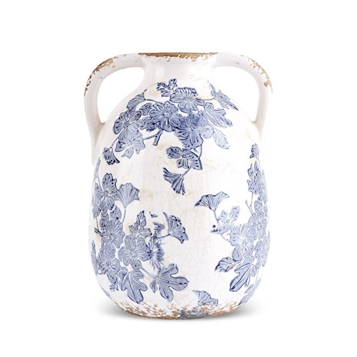 Karaca Marine Two-Arm Decorative Vase 21.5 cm Blue White Floral Stoneware