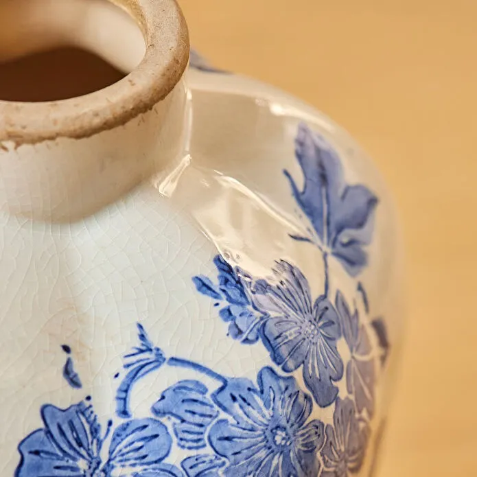 Karaca Mariner Decorative Vase 34 cm Blue White Floral Stoneware Large