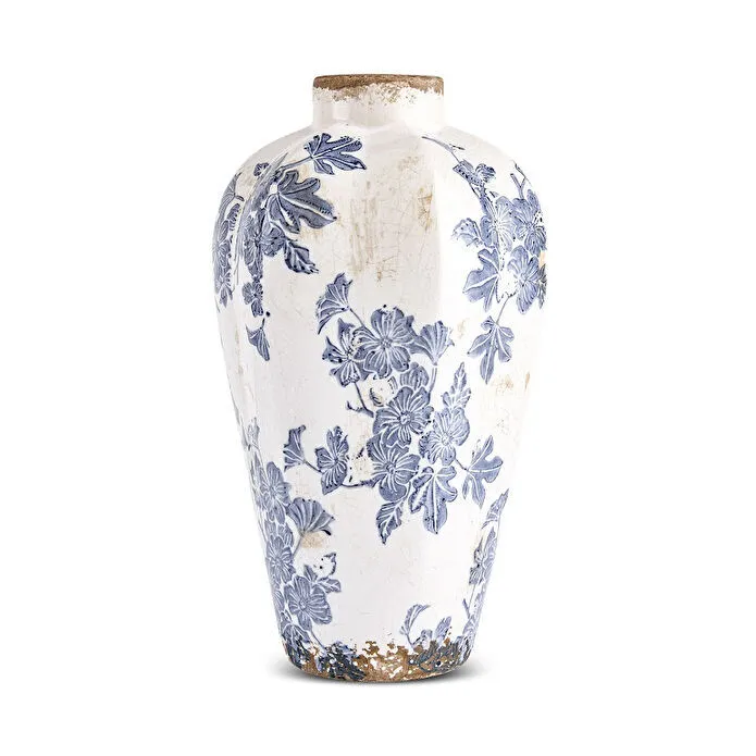 Karaca Mariner Decorative Vase 16 cm Blue White Floral Stoneware Design