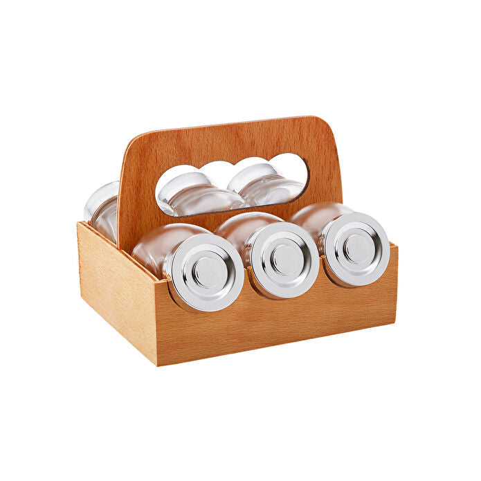 Karaca Casa 7-Piece Spice Rack Set - 6 Glass Jars with Modern Wooden Tray Stand