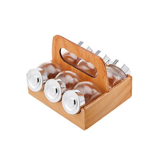 Karaca Casa 7-Piece Spice Rack Set - 6 Glass Jars with Modern Wooden Tray Stand