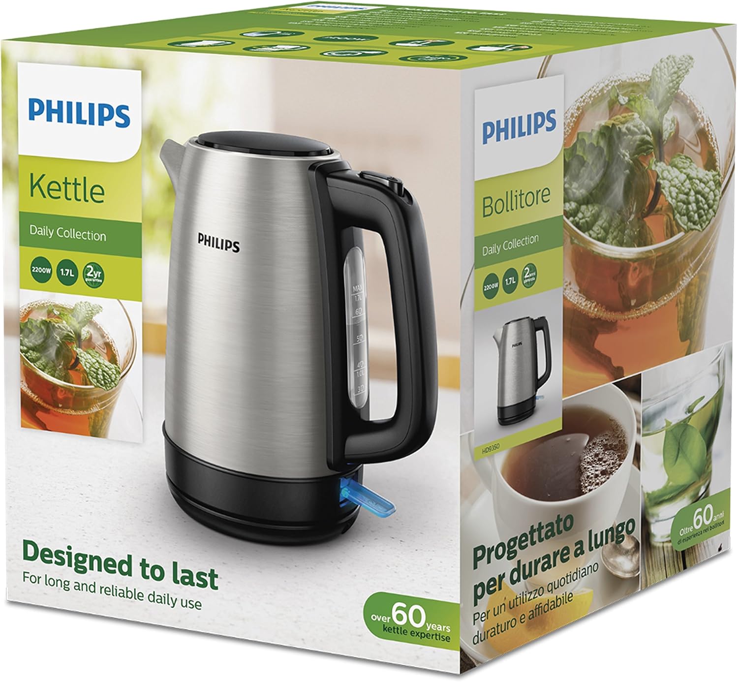 Philips HD9350/92 Daily Metal Kettle – 1.7L, 2200W, Silver/Black