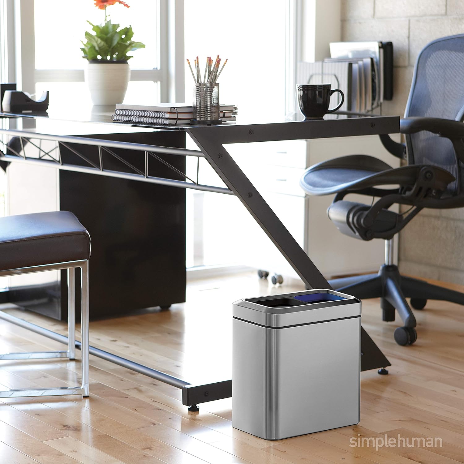 simplehuman CW1470 20L Slim Open Recycling Bin Brushed Stainless Steel