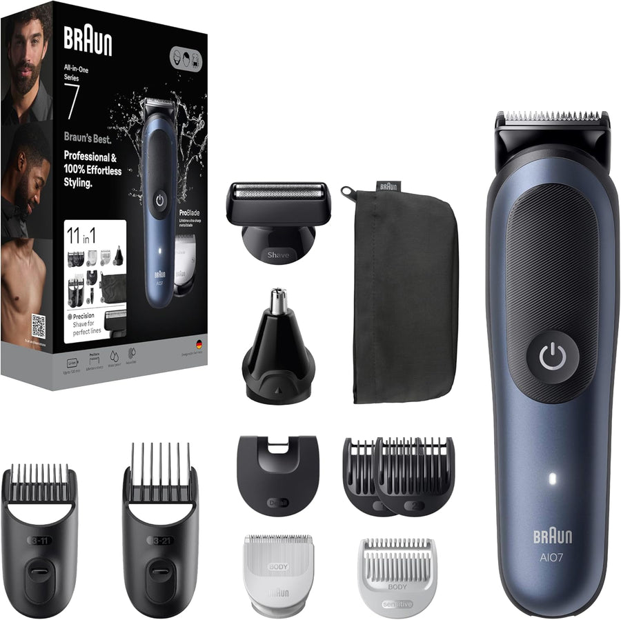 Braun grooming kit with multiple attachments and packaging on a white background