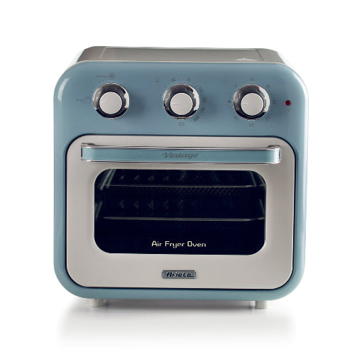 Blue air fryer oven with metallic accents on a white background