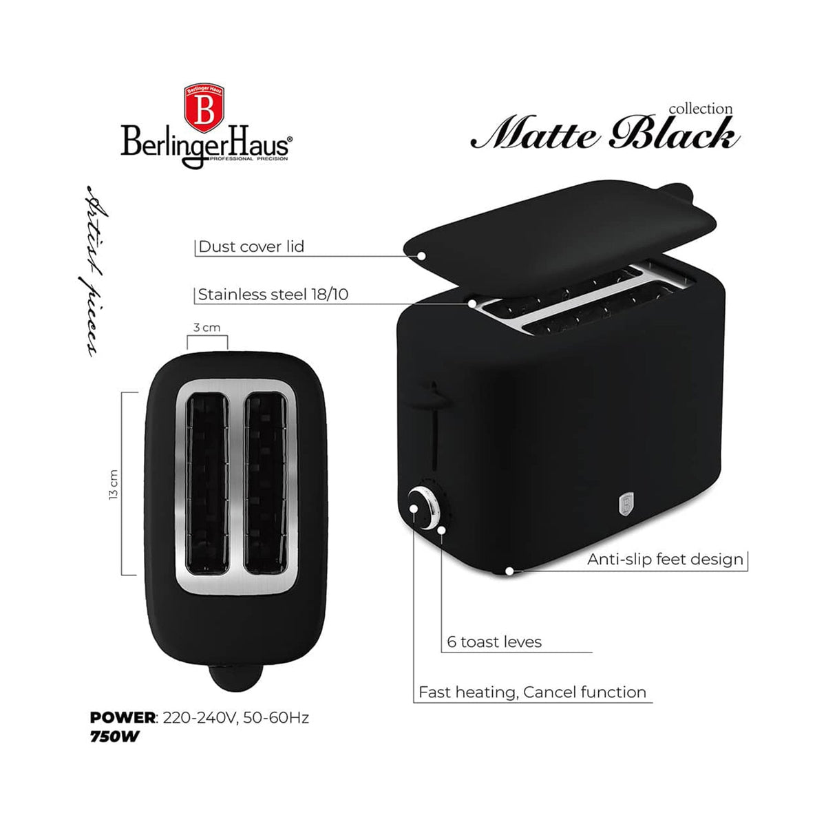 Berlinger Haus Black Matt Collection Toaster with Cover – 750W – view 2