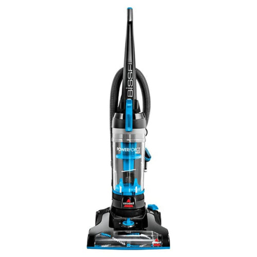 Bissell 2111E Powerforce Helix Bagless Vacuum Cleaner in black and blue color with a transparent dirt cup.