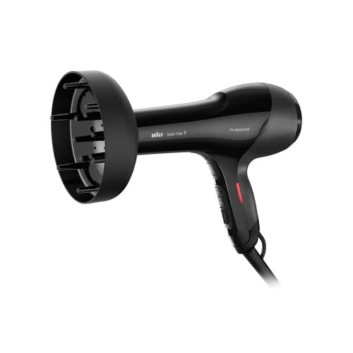 A professional black hair dryer with a round diffuser attachment by Braun, featuring a white power cord.