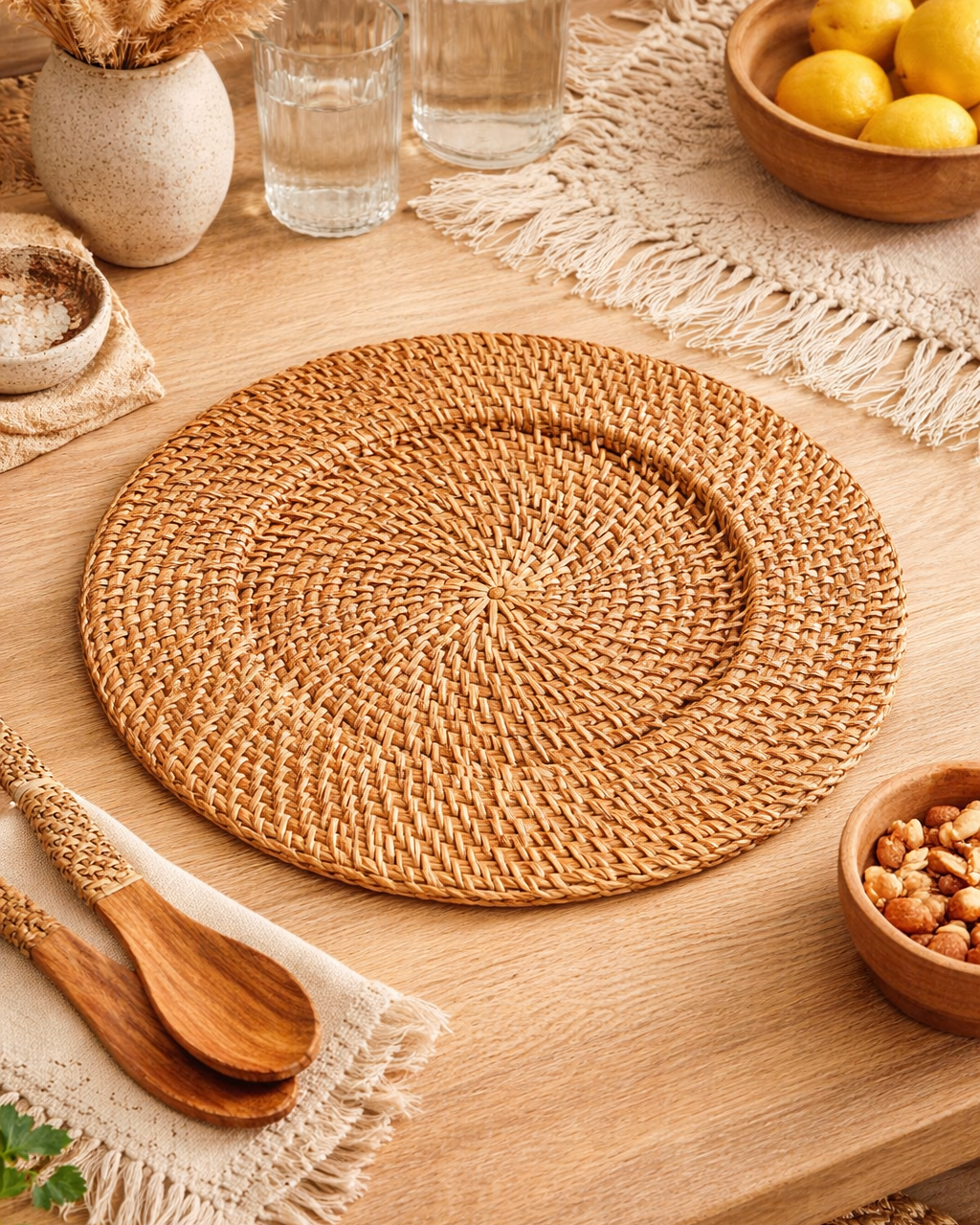 Karaca Veranda Natural Rattan Placemat 33cm Handcrafted Woven Dining Mat